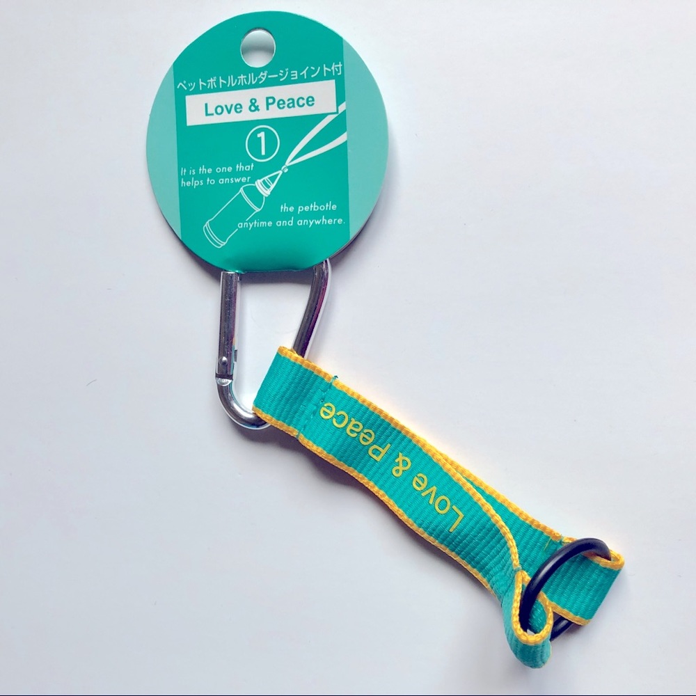 3/$15 NEW Bottle Strap Holder Carrier w Carabiner Clip Love & Peace Green Yellow